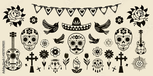 day of the dead themed illustrations with skulls and flowers