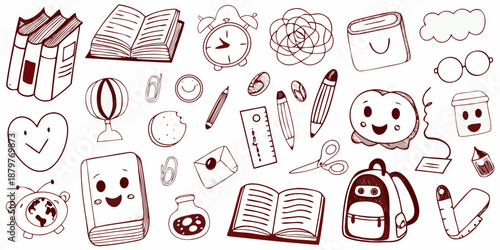 Sketch of school supplies books and stationery items in a doodle style