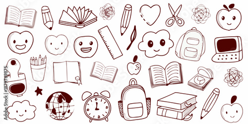 A collection of hand drawn school supplies and cute elements in sketch style