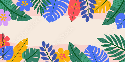 Vibrant tropical leaves and flowers border frame design
