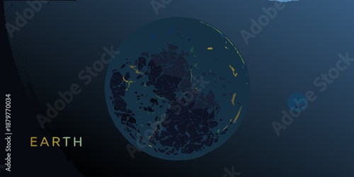 A digital illustration depicts earth with glowing city lights at night