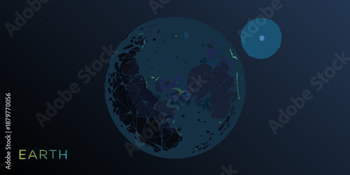 Abstract polygonal depiction of earth with a smaller orbiting celestial body