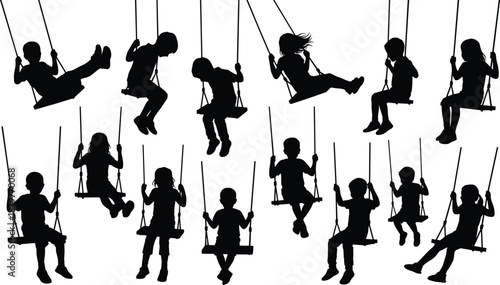 Set of children swing silhouettes in various playful poses, black vector illustrations isolated on white background, kids playground activity clipart collection for design use