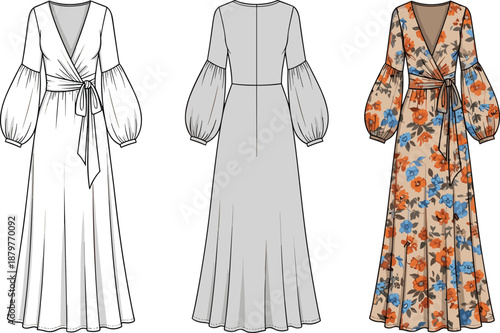 Wrap dress fashion illustration, front back colored view, floral maxi gown, puff sleeve design, vector flat sketch, technical drawing template