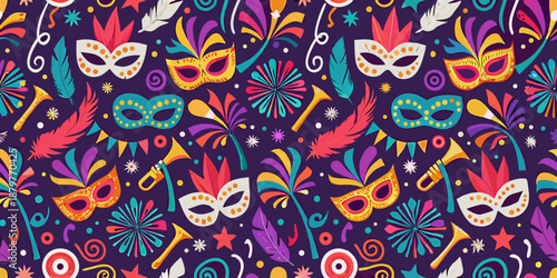 Colorful mardi gras masks feathers and festive elements seamless pattern background