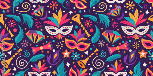 Colorful mardi gras masks and feathers pattern on a dark purple background