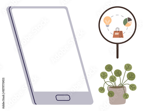 E-commerce, data analysis, business concepts, marketing, technology, and online shopping. Smartphone with blank screen, magnifying glass showing graphs and icons and a potted plant. E-commerce