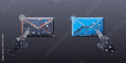 Abstract polygonal envelopes with hands pointing showcasing digital communication concepts