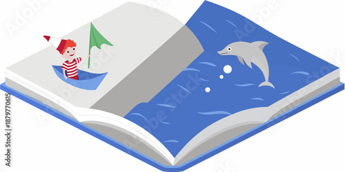 An open storybook depicts a boy fishing and a dolphin jumping from the waves