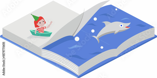 An open book reveals a whimsical scene of a dolphin and a sailor