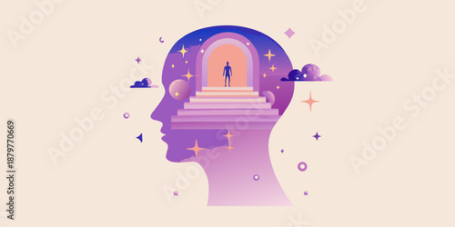 A human head silhouette revealing a pathway to an illuminated doorway within