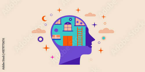 An illustrated human head containing a cityscape and abstract elements