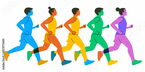 A colorful illustration depicts five people running in a linear progression