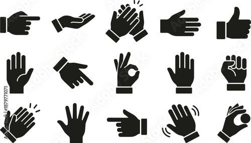 Set of hand gesture silhouettes including pointing, thumbs up, clapping and ok sign, black vector icon collection isolated on white background