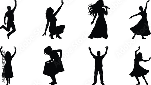 Set of people dancing and singing silhouettes in joyful celebration poses, black vector illustrations isolated on white background for music, festival and entertainment design use