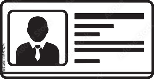 Black and white vector illustration of an identification card or badge with a silhouette of a person and text lines on a transparent background