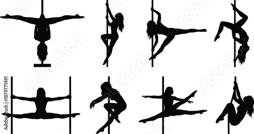 Set of pole dance silhouettes displaying elegant acrobatic poses and flexibility, black vector illustrations isolated on white background, aerial fitness dance clipart collection