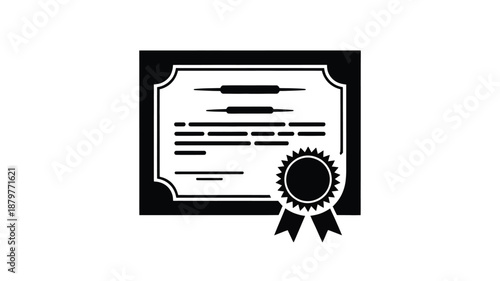 A simple black and white vector icon of a formal certificate or diploma with a medal seal Vector