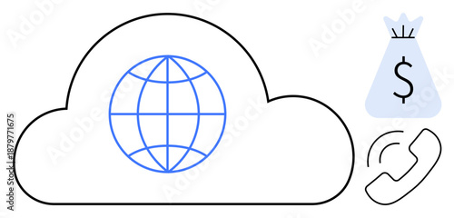 Cloud with globe network symbol, money bag icon with dollar sign, and phone receiver. Ideal for cloud services, online earnings, global communication, fintech, technology, business remote work