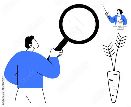 Person examining a document through a magnifying glass while standing near a growing carrot. Ideal for analysis, investigation, research, growth, sustainability, agriculture, attention to detail