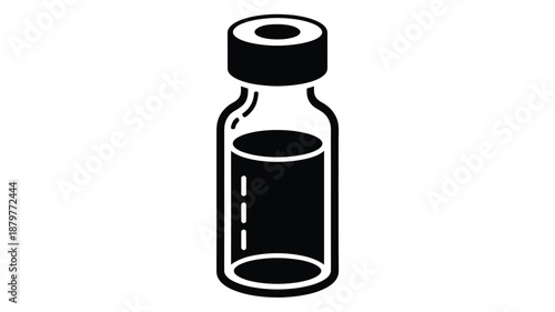 Black and white icon illustration of a small medical vial containing liquid substance Vector