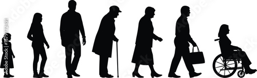 Collection of Diverse People Silhouettes Featuring a Child Teenager Adult Senior with Walking Stick and Woman in Wheelchair Isolated on White Background for Accessibility Concepts