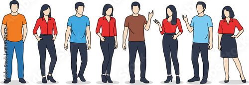 Diverse group of casual professional people standing in a row wearing colorful shirts and business casual outfits isolated on white vector illustration