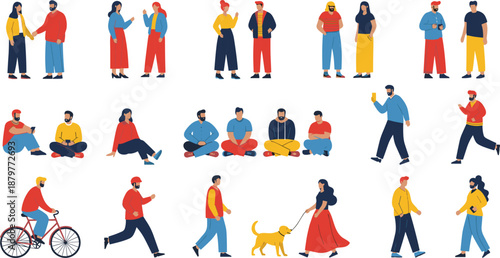 Flat vector illustration set of diverse people walking running cycling talking and sitting in casual clothes isolated on white background for lifestyle community design