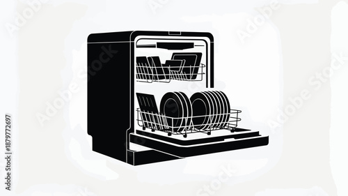 A modern dishwasher appliance with its door open revealing clean dishes inside Vector