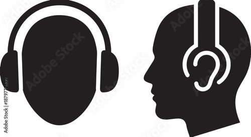 Clean graphic illustration featuring two minimalist human head silhouettes wearing headphones, ideal for representing concepts of listening, audio playback, sound, and communication