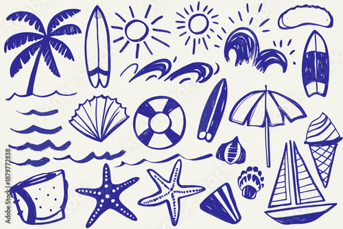 Blue summer doodles featuring surfboards shells suns and beach accessories