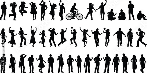 Large collection of black people silhouettes in various active poses including walking running jumping cycling dancing and sitting isolated on white background for lifestyle design