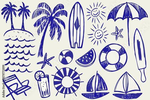 Summer doodles A collection of beach and vacation themed hand drawn illustrations