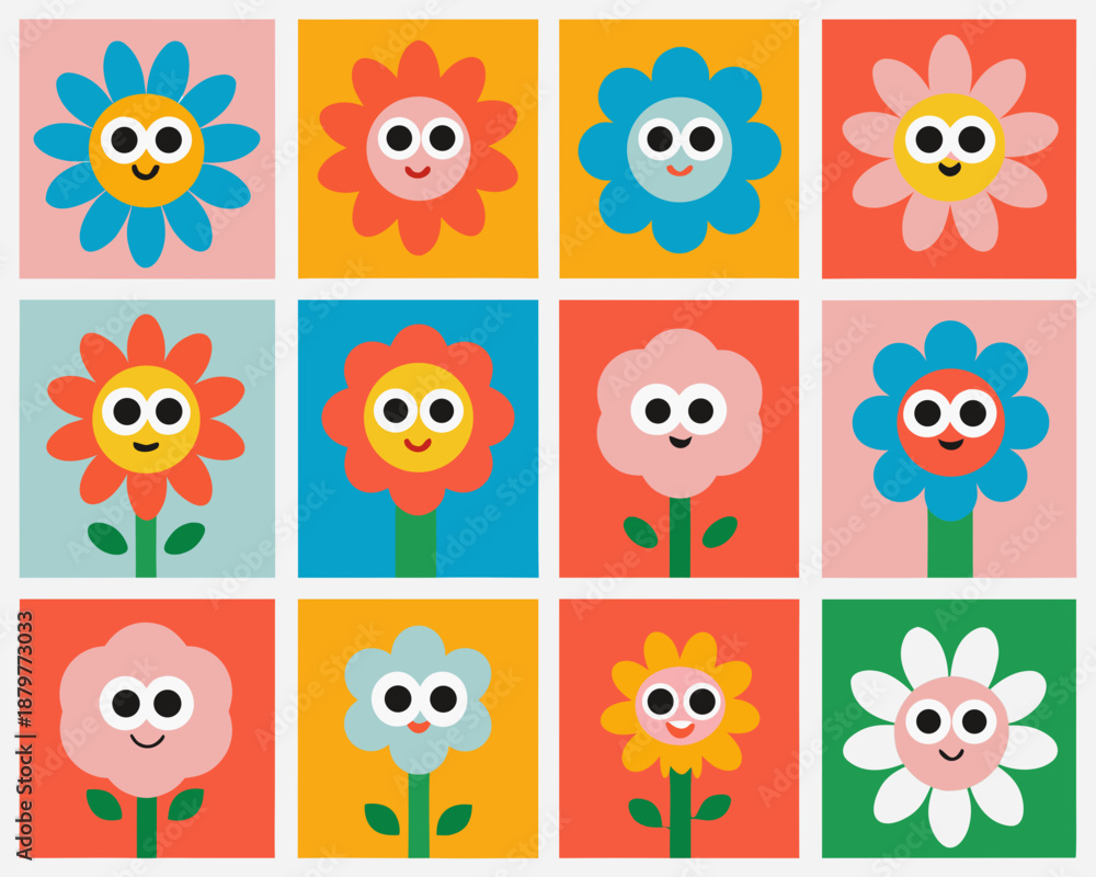 Obraz premium Colorful flower pattern with smiling faces in a grid arrangement