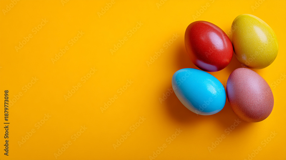 Obraz premium Vibrant Dyed Easter Eggs Grouped on Bright Yellow Background with Copy Space