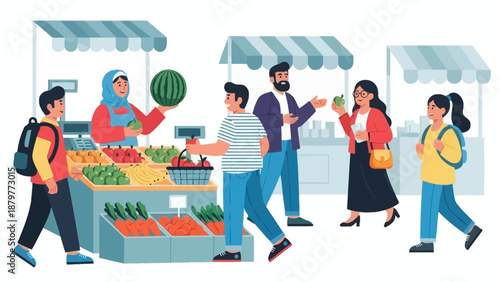 People shopping and interacting at an outdoor farmers market with fresh produce stalls.