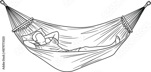 Line art illustration of a young man relaxing in a comfortable fabric hammock with a pillow, enjoying leisure time, rest, and outdoor summer vacation.