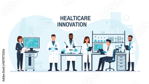 Healthcare professionals collaborating on medical innovation in a modern laboratory.