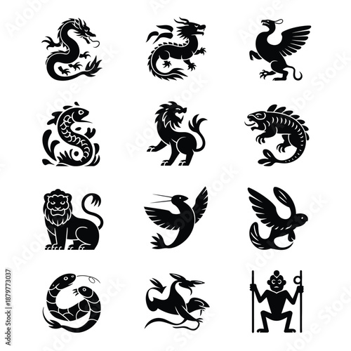 Twelve black silhouette of mythical and animal creatures