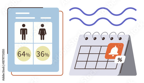 Data analysis, gender statistics, scheduling, business planning, financial tracking, productivity tools. A gender data report next to a calendar with a reminder icon. Data analysis and scheduling