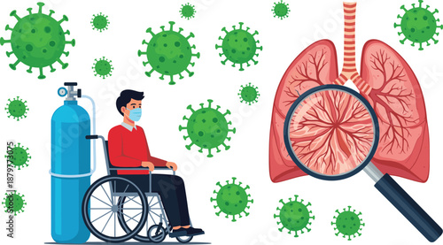 Medical illustration showing a man in a wheelchair with an oxygen tank, surrounded by virus cells, and a magnifying glass examining human lungs