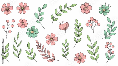 Colorful flat lay of assorted flowers and leaves on a white background with a mix of pink, green, and brown hues.