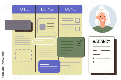 Project management, teamwork, hiring, task organization, business analytics, workflow optimization. Kanban board structure with tasks and vacancy form. Project management and teamwork visual