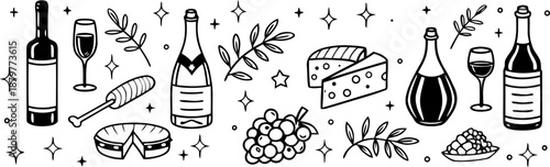 Vintage illustration of a musical notes background with a celebration set featuring a wine bottle, glass, and grapes for a restaurant menu design