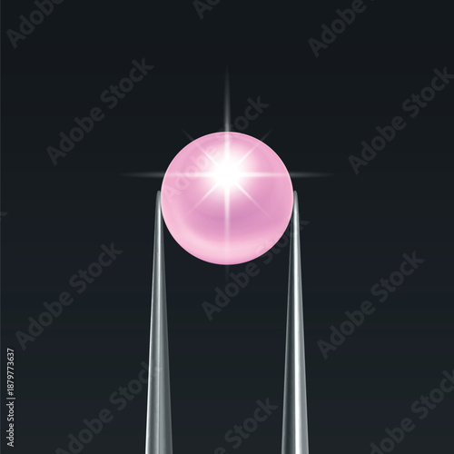 Vector Jewelry Tweezers Holding Pink Pearl on Black Background. Luxury Pearl Jewelry Banner, Elegant Pear Template for Jewelry Store, Fashion Accessory, Gemstone Design, Precious Stone Decoration