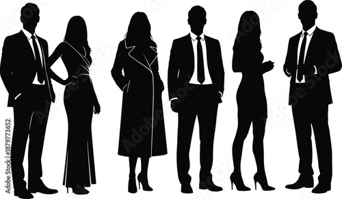 Vector illustration of business silhouettes—symbols for professionalism, fashion, posture, identity, leadership, teamwork, gesture, corporate style, confidence, and formal attire