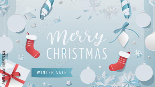 Festive christmas decorations with snowflakes stockings and a winter sale banner