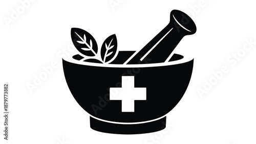 Herbal medicine and pharmacy icon with mortar, pestle, leaves, and a medical cross Vector
