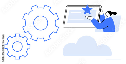 Technology development, data management, cloud solutions, user experience, process automation, digital systems. Gears, cloud person pointing at tablet with star. Technology and data management