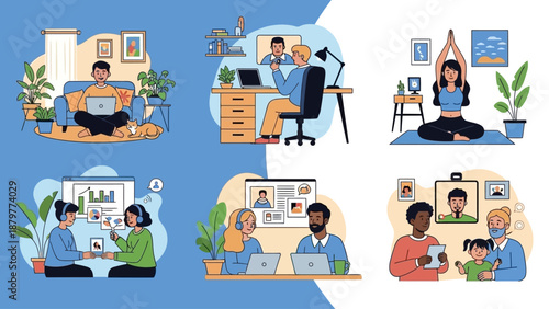 Set of remote work and online communication scenes with diverse people using computers and video calls.